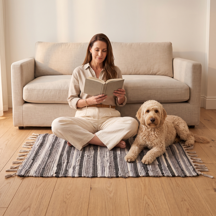 Boho Rag Rug – Woven Cotton Stripes in Gray – in a living room with a woman reading and a dog
