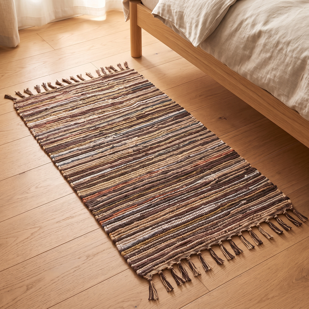 Boho Rag Rug – Woven Cotton Stripes in Chocolate Brown – angled full-length view in sunlight beside a wooden bed frame