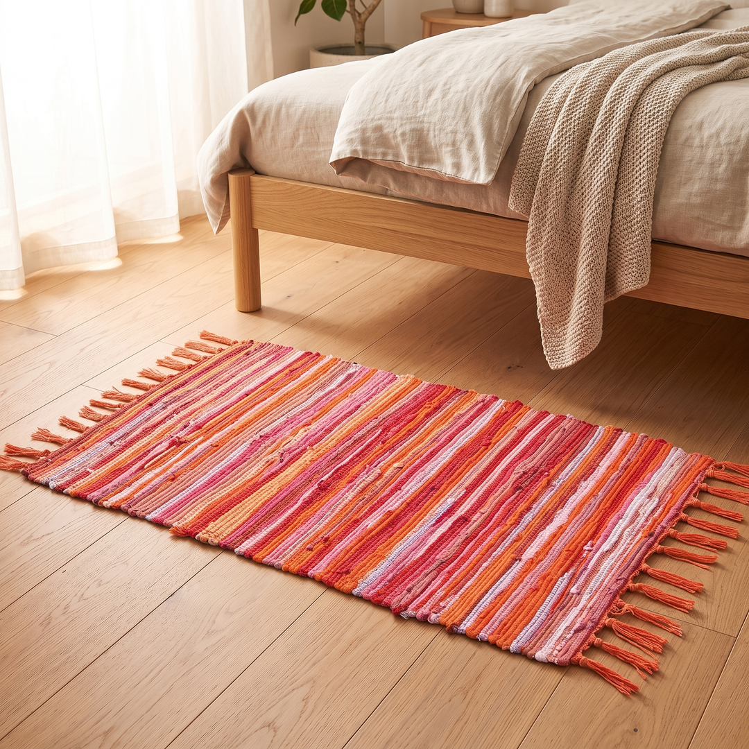 Boho Rag Rug – Woven Cotton Stripes in Coral – in a sunlit bedroom with sheer curtains and knit throw