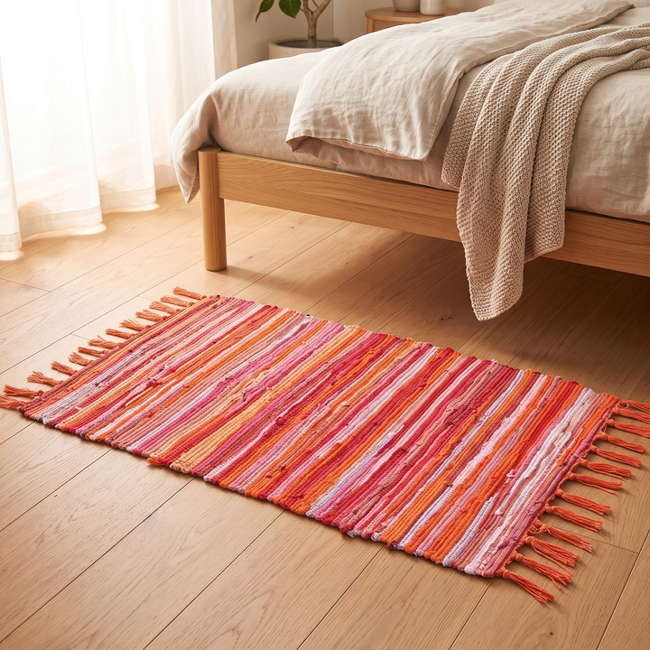 Boho Rag Rug – Woven Cotton Stripes in Coral – in a sunlit bedroom with sheer curtains and knit throw