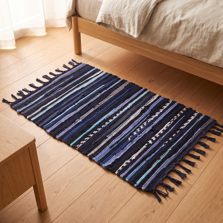 Boho Rag Rug – Woven Cotton Stripes in Navy Blue – between a wooden side table and a linen-covered bed