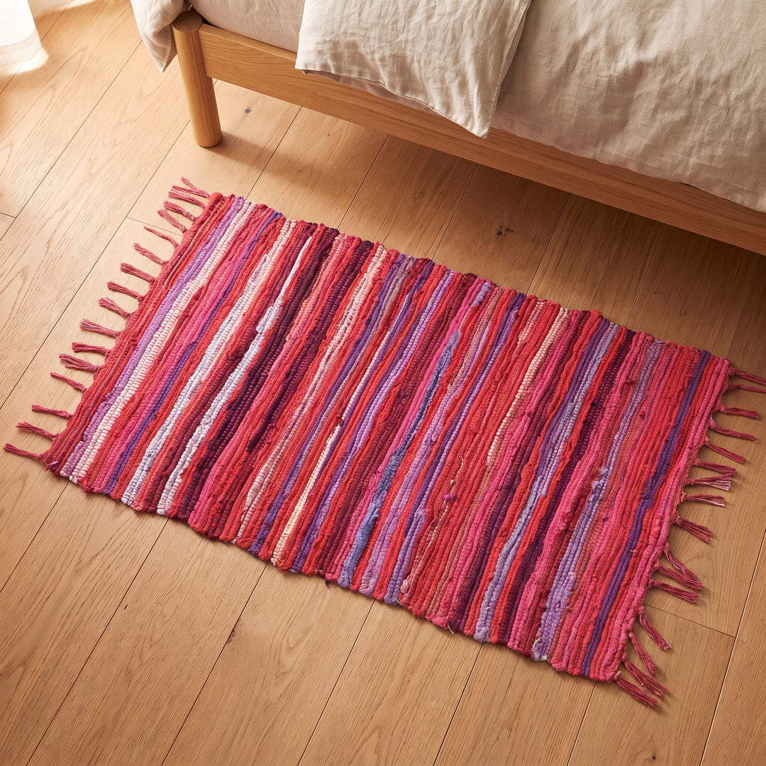Boho Rag Rug – Woven Cotton Stripes in Rose Red – laid flat showing lengthwise stripes and tassels at both ends