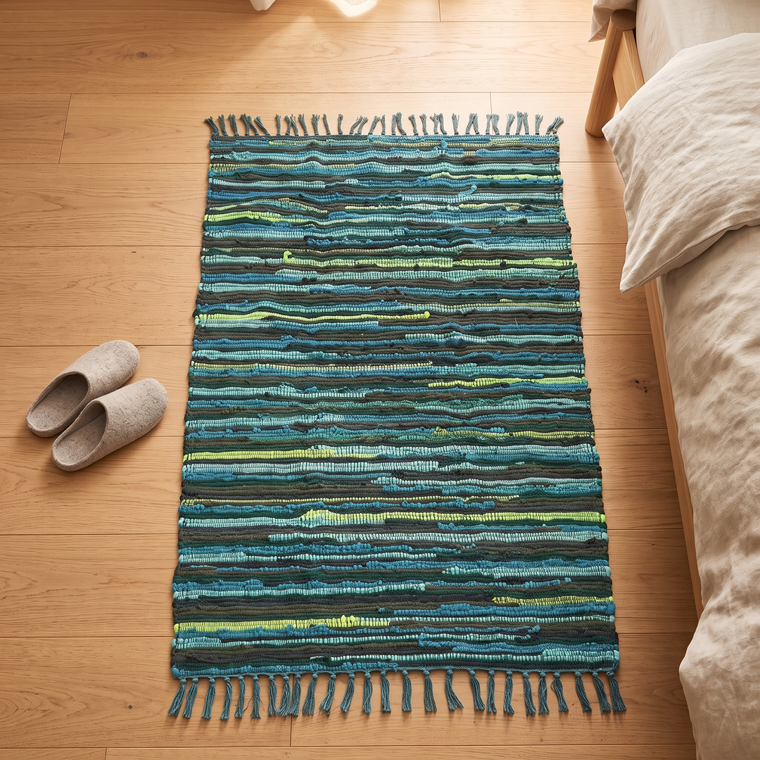 Boho Rag Rug – Woven Cotton Stripes in Teal – with a pair of felt slippers beside it