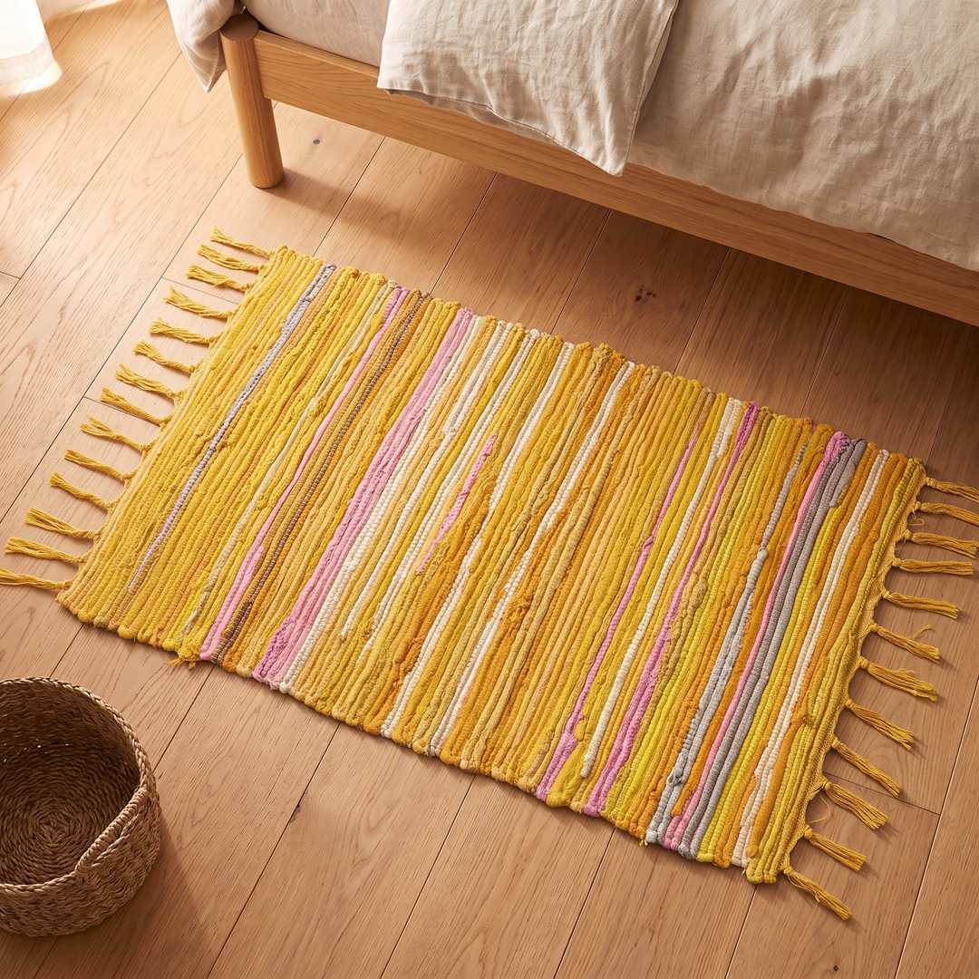Boho Rag Rug – Woven Cotton Stripes in Yellow – beside a woven basket on wide plank flooring