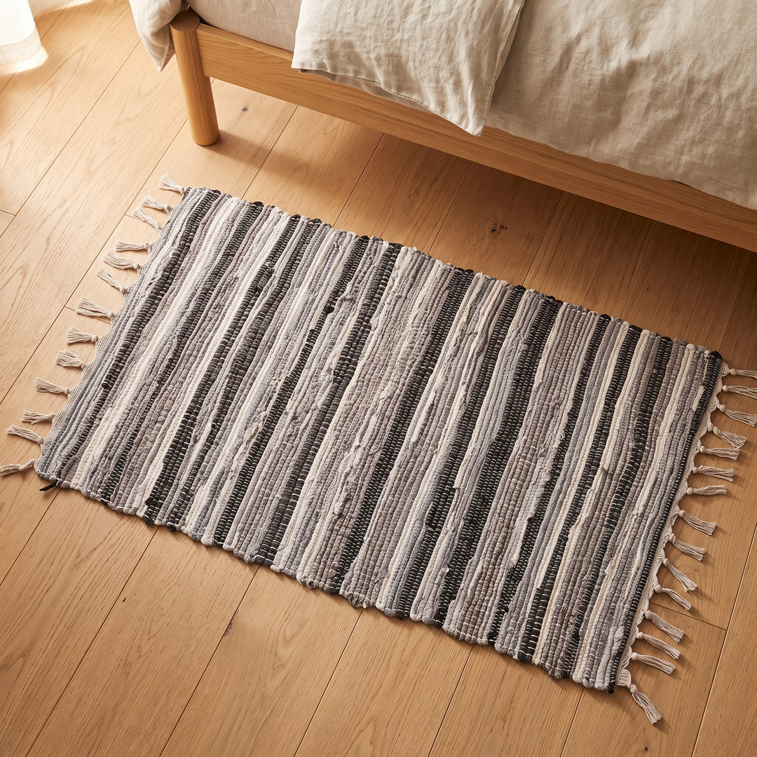 Boho Rag Rug – Woven Cotton Stripes in Gray – overhead view on wood floor beside a bed