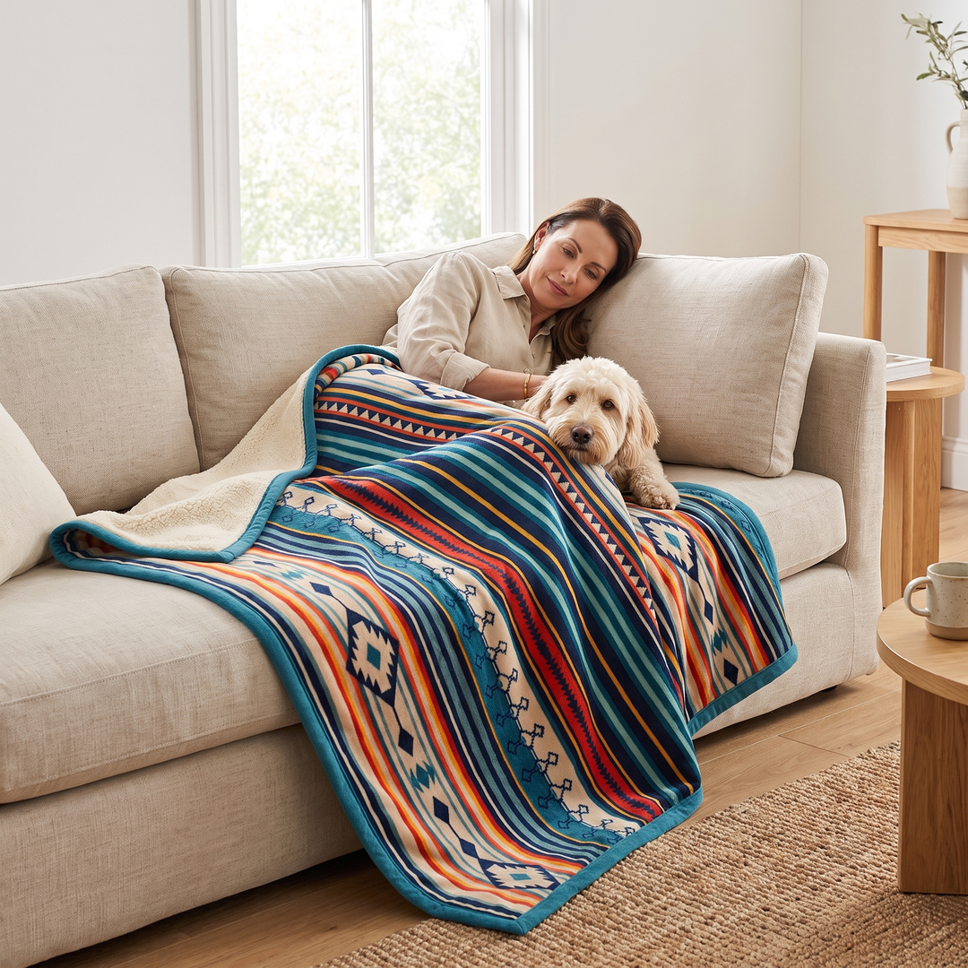 Boho Sherpa Fleece Blanket – Aztec Stripe in Teal Stripe – draped over a woman and her dog on a sofa