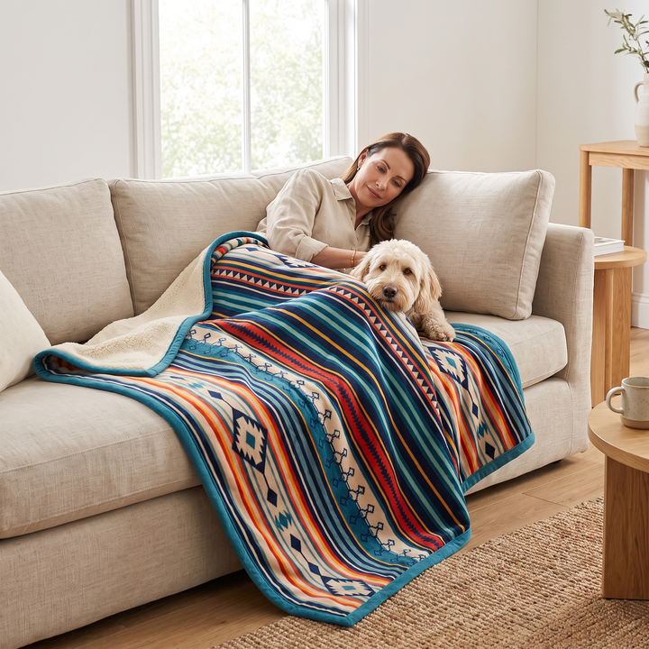 Boho Sherpa Fleece Blanket – Aztec Stripe in Teal Stripe – draped over a woman and her dog on a sofa