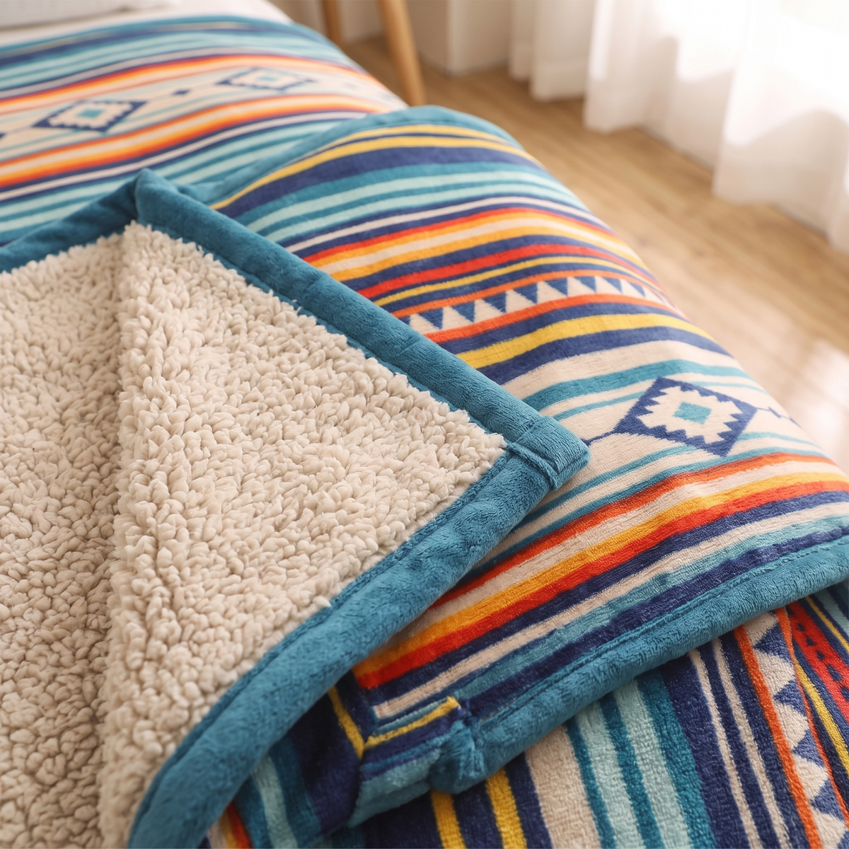 Boho Sherpa Fleece Blanket – Aztec Stripe in Teal Stripe – close-up of the soft edge binding and fluffy lining