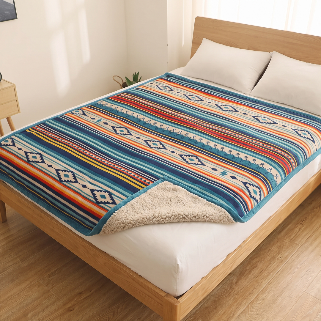 Boho Sherpa Fleece Blanket – Aztec Stripe in Teal Stripe – spread over a bed with corner folded back showing sherpa lining