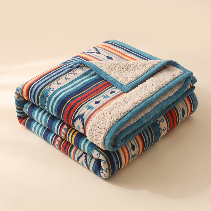 Boho Sherpa Fleece Blanket – Aztec Stripe in Teal Stripe – folded in a neat stack on a plain cream background
