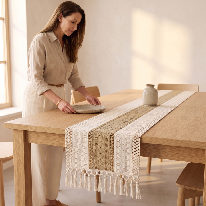 Boho Table Runner with Tassels in Khaki – as a woman places a stoneware plate on a sunlit table