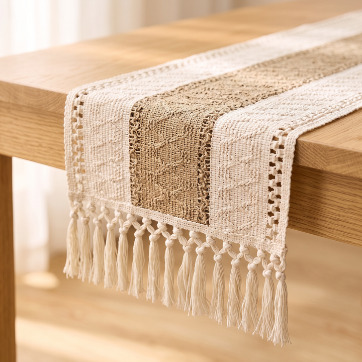 Boho Table Runner with Tassels in Khaki – close-up of the fringed end hanging over a wooden table edge