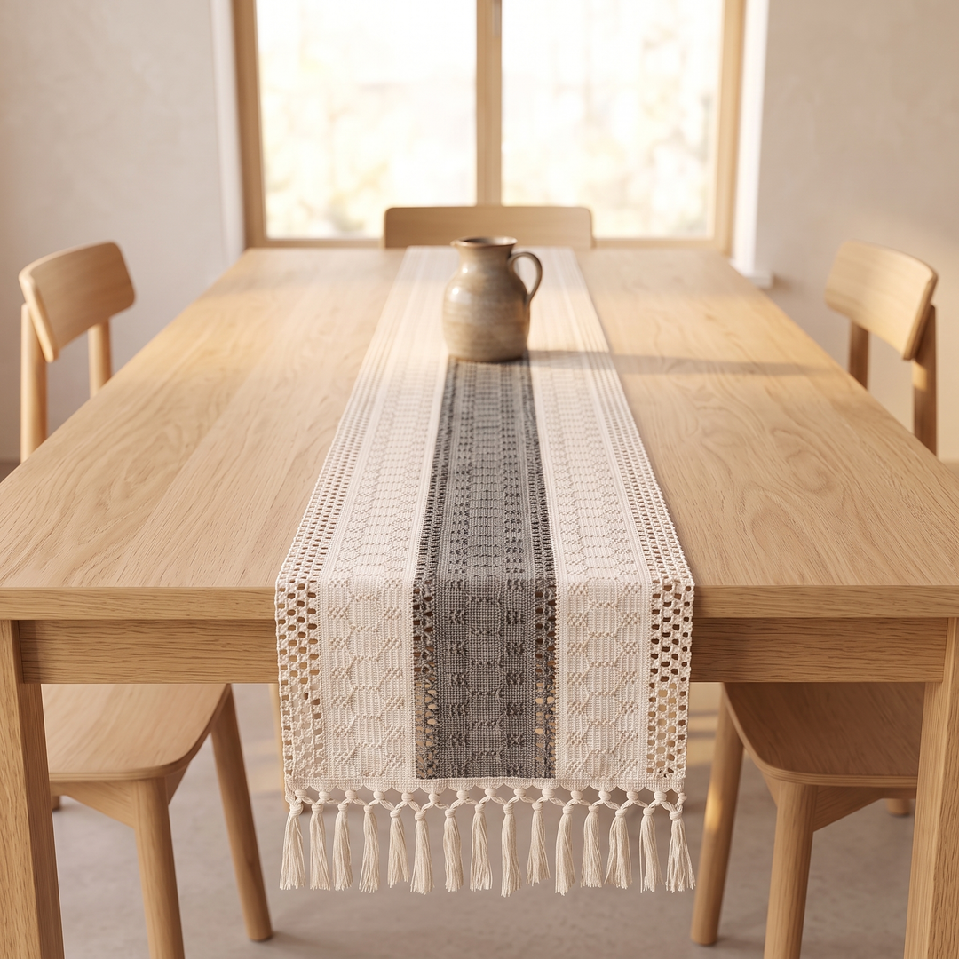 Boho Table Runner with Tassels in Gray – seen from table end toward chairs and bright window