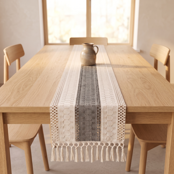 Boho Table Runner with Tassels in Gray – seen from table end toward chairs and bright window
