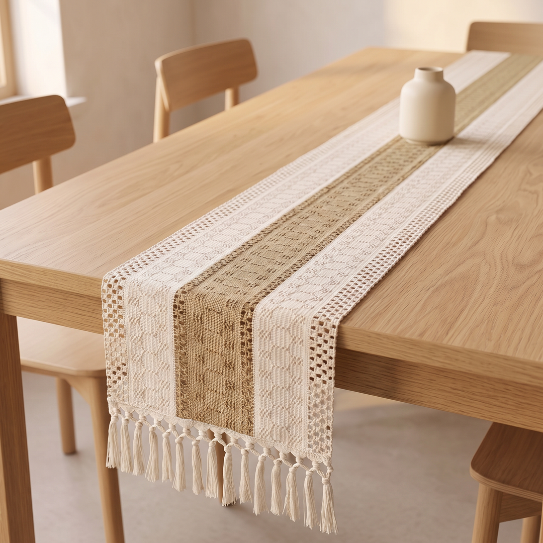 Boho Table Runner with Tassels in Khaki – laid along a wooden dining table with a small vase