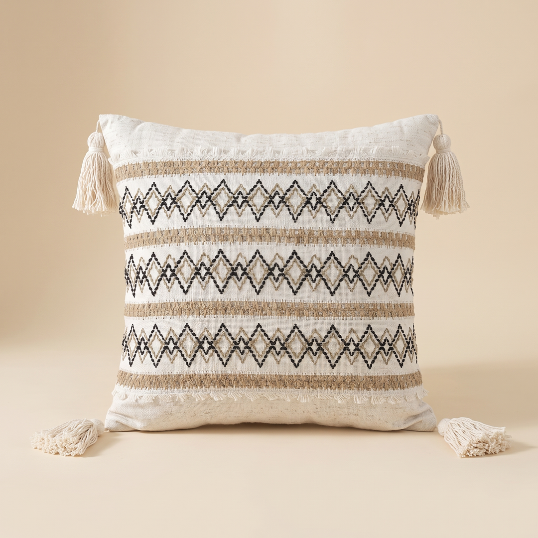 Boho Pillow Cover with Tassels – Woven in Cream – Black Zigzag – three rows of diamond embroidery between raised horizontal stripes
