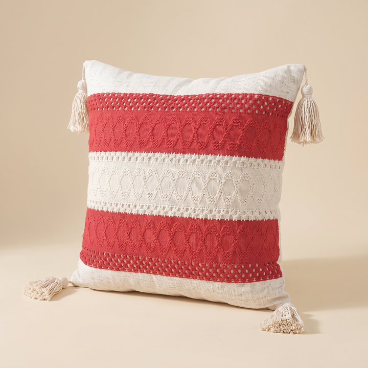 Boho Pillow Cover with Tassels – Woven in Cream – Red Stripe – plain woven borders framing the wide striped center panel, turned slightly left