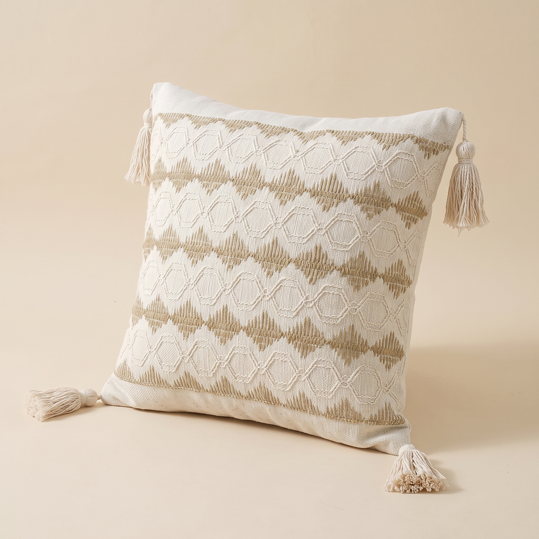 Boho Pillow Cover with Tassels – Woven in Cream – Tan Diamond – angled view from slightly above showing the full diamond pattern