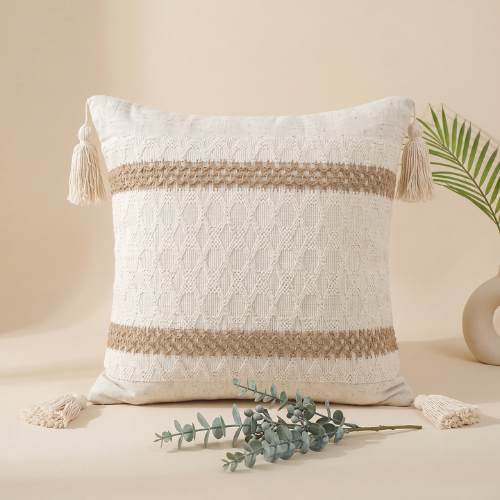 Boho Pillow Cover with Tassels – Woven in Cream – Tan Pinstripe – styled with a eucalyptus sprig and palm frond in vase
