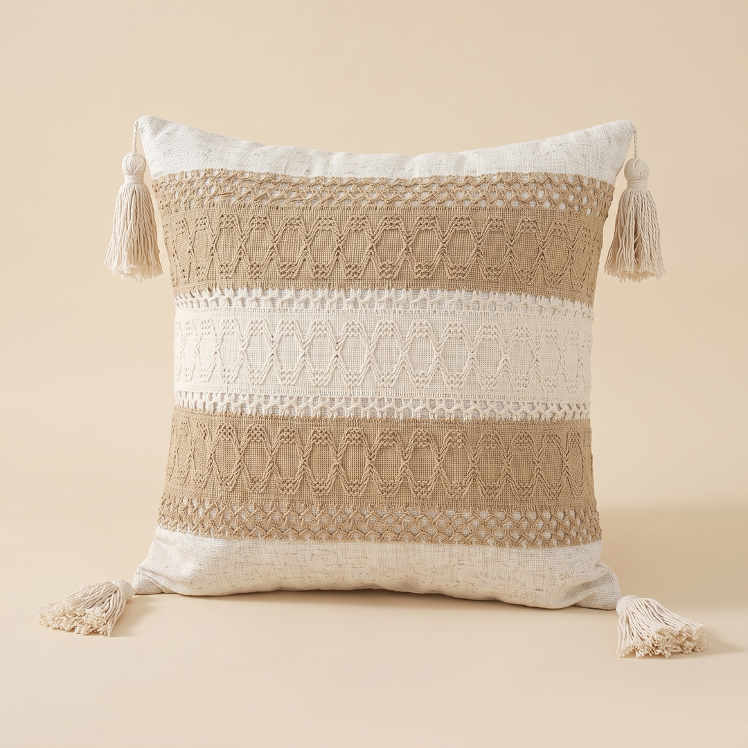 Boho Pillow Cover with Tassels – Woven in Cream – Tan Wide Stripe – alternating open-weave lace bands and solid linen panels across the center
