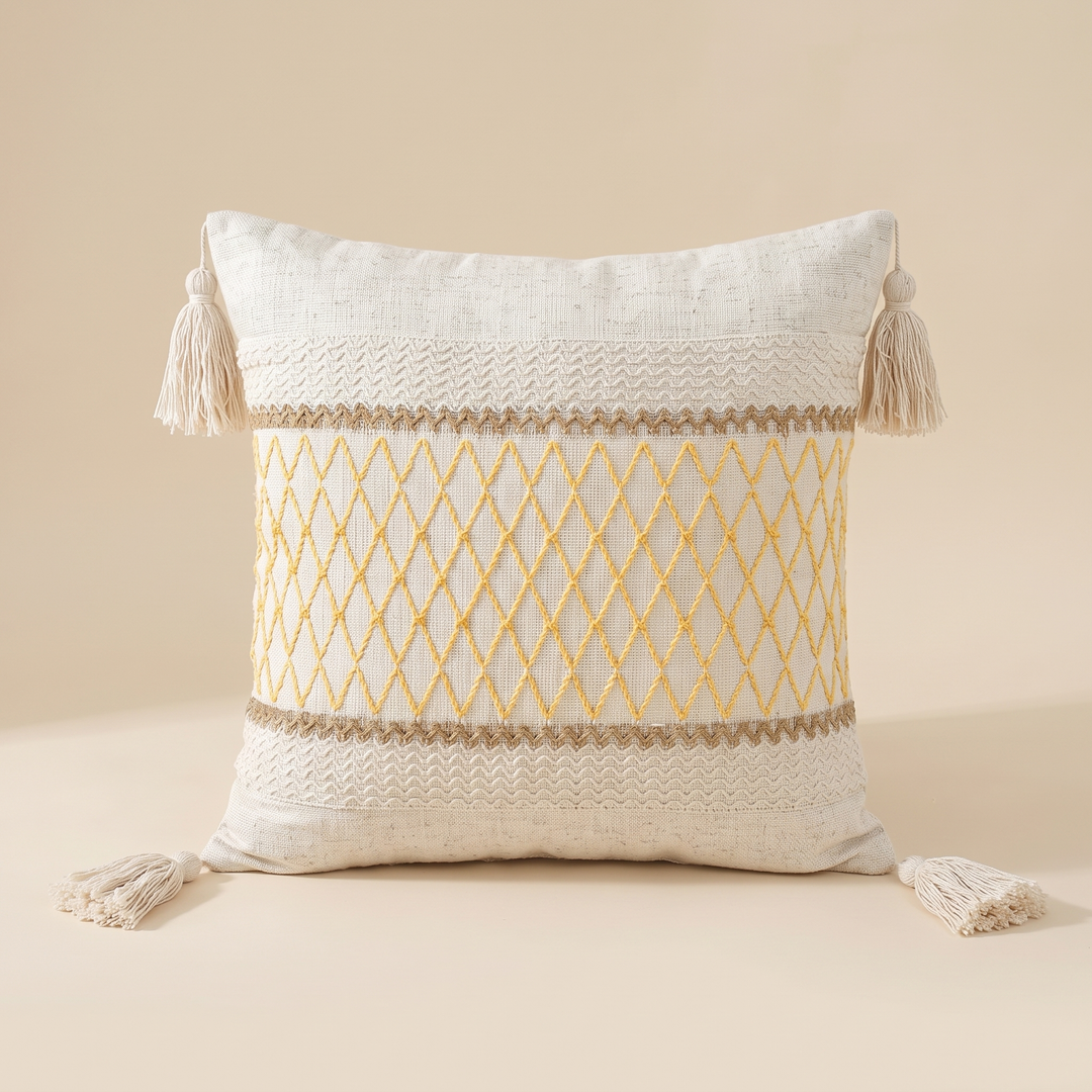 Boho Pillow Cover with Tassels – Woven in Cream – Yellow Lattice – straight-on, with zigzag trim bands above and below the lattice