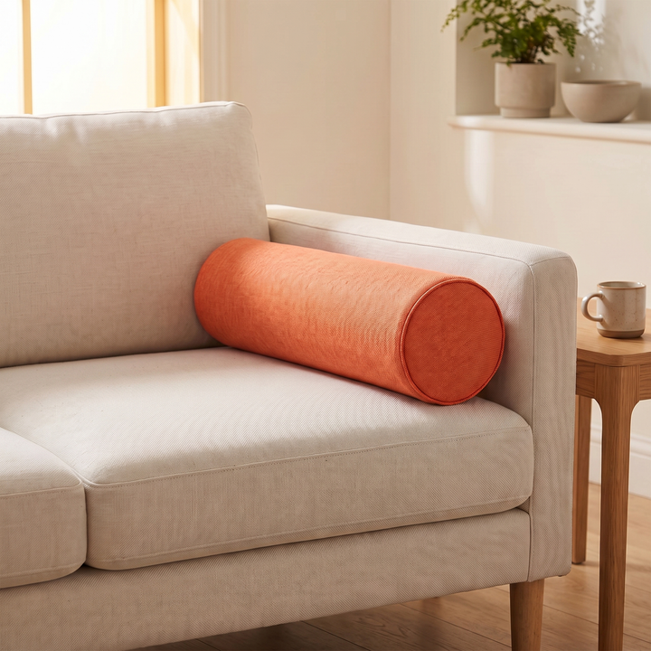 Bolster Pillow in Orange – resting against the arm of a cream sofa in a sunlit living room