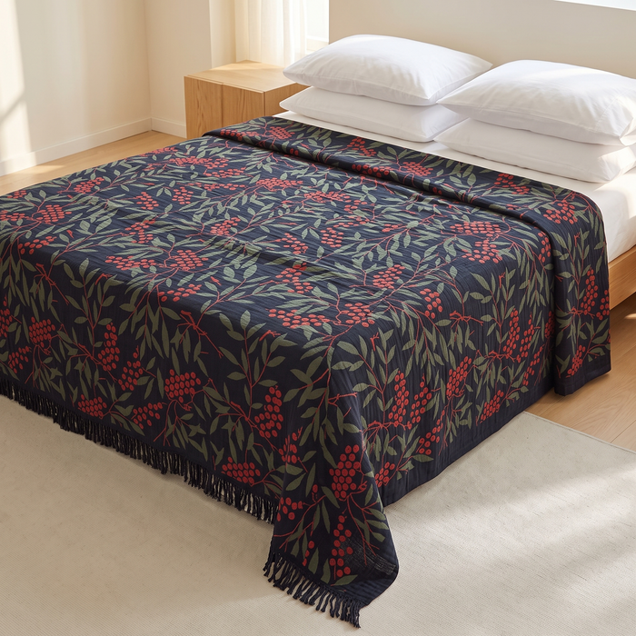 Botanical Cotton Muslin {w:Bedspread} with Fringe