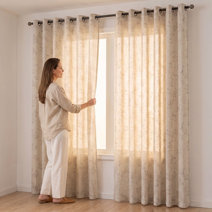 Botanical Sheer Curtain Panel – Linen Look in Beige