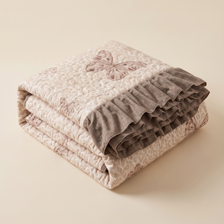 Butterfly Quilt with Ruffled Edge in Beige Butterfly – folded in a neat stack on a plain cream background
