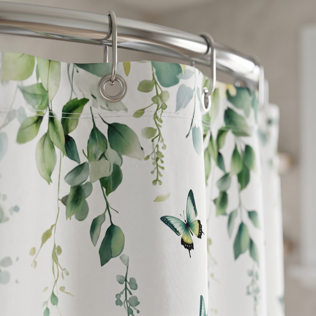 Butterfly Shower Curtain – Watercolor Florals in White – Butterflies &amp; Vines – close-up of the top edge hanging from a curved chrome rod