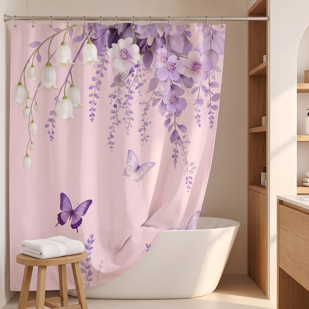 Butterfly Shower Curtain – Watercolor Florals in Pink – Butterflies &amp; Wisteria – drawn to one side with folded towel on wooden stool