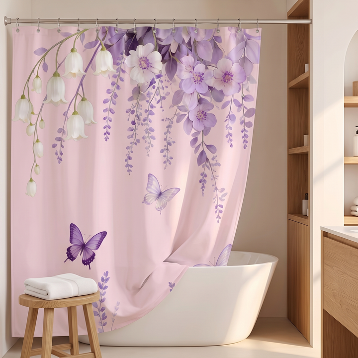 Butterfly Shower Curtain – Watercolor Florals in Pink – Butterflies &amp; Wisteria – drawn to one side with folded towel on wooden stool