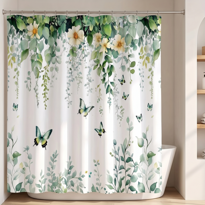 Butterfly Shower Curtain – Watercolor Florals in White – Butterflies &amp; Vines – hanging on a rod beside a freestanding bathtub in a bright bathroom
