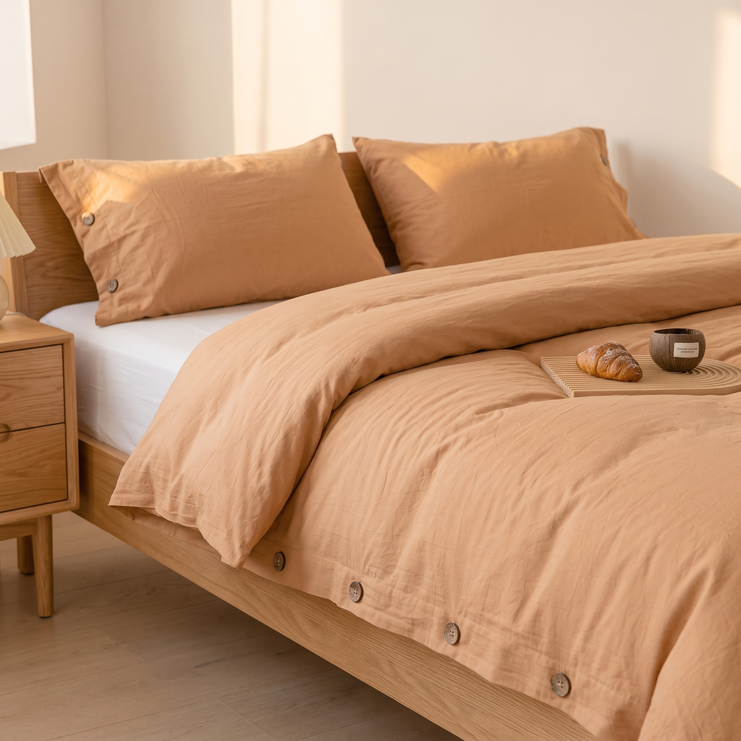 Cotton Duvet Cover Set with Buttons in Camel – croissant and small cup resting on the duvet
