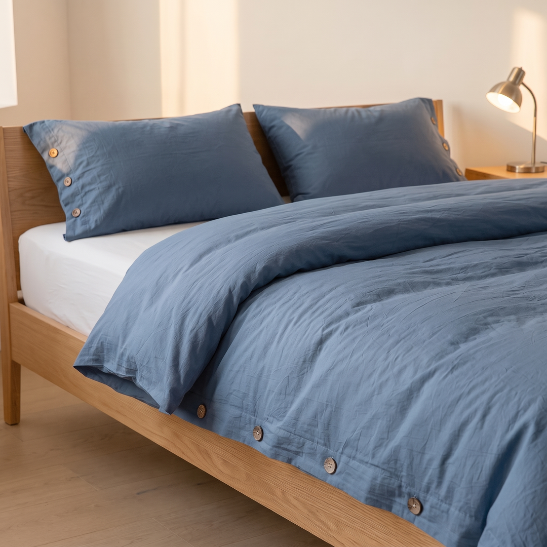 Cotton Duvet Cover Set with Buttons in Dusty Blue – beside a wooden nightstand with a brass lamp