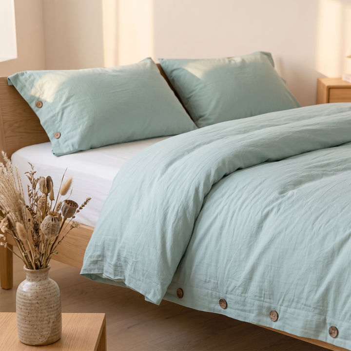 Cotton Duvet Cover Set with Buttons in Seafoam Green – styled with a dried flower vase in the foreground