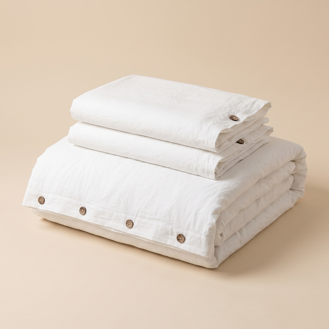 Cotton Duvet Cover Set with Buttons in White – folded stack with two pillowcases on top of duvet cover