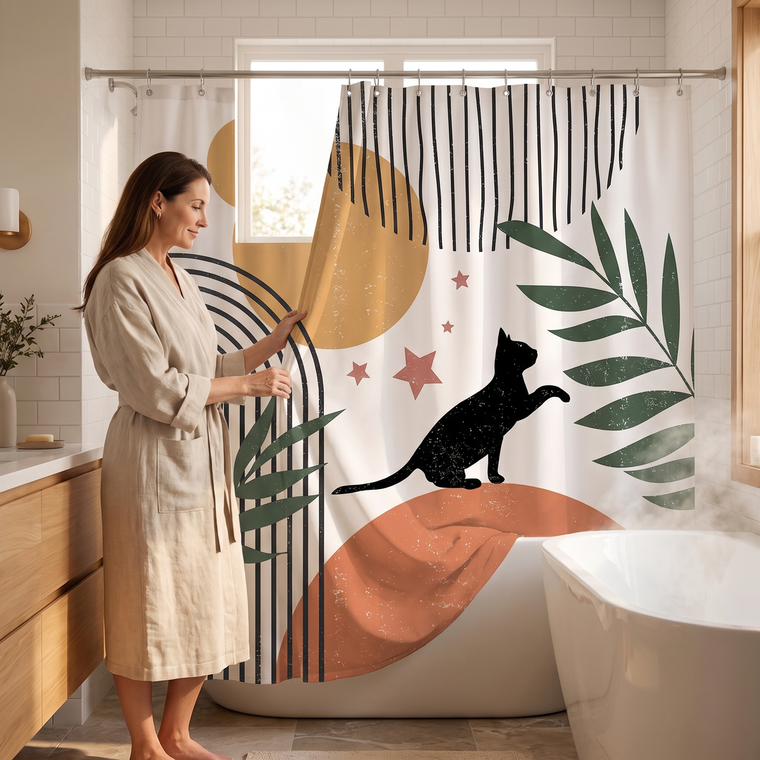 Cat Shower Curtain – Boho Abstract Art in White – Cat &amp; Arch – held open by a woman in a linen robe