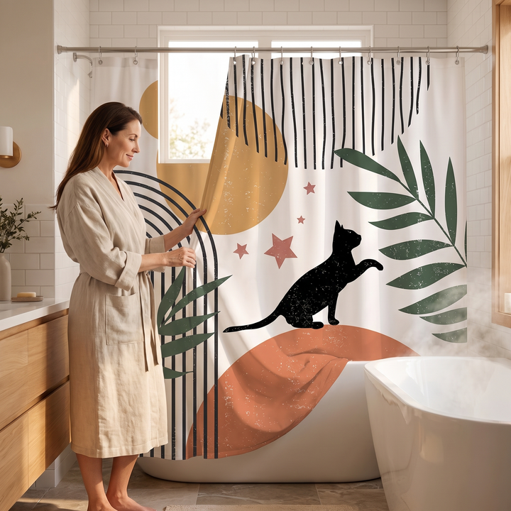 Cat Shower Curtain – Boho Abstract Art in White – Cat &amp; Arch – held open by a woman in a linen robe
