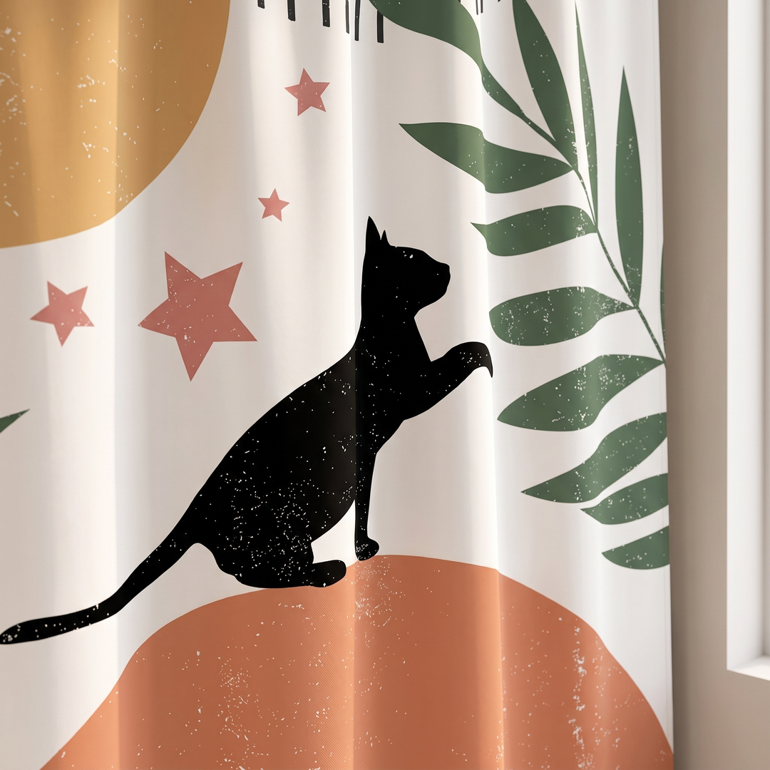 Cat Shower Curtain – Boho Abstract Art in White – Cat &amp; Arch – close-up of draped curtain folds beside a window