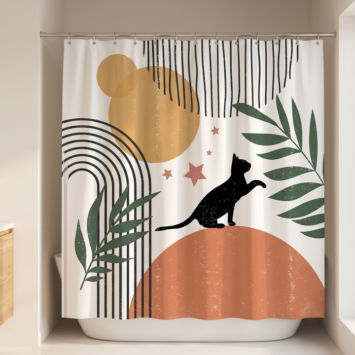 Cat Shower Curtain – Boho Abstract Art in White – Cat &amp; Arch – hanging on a rod over a white bathtub in a bathroom