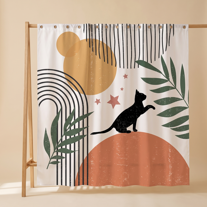 Cat Shower Curtain – Boho Abstract Art in White – Cat &amp; Arch – hanging from a wooden rack against a plain beige studio backdrop