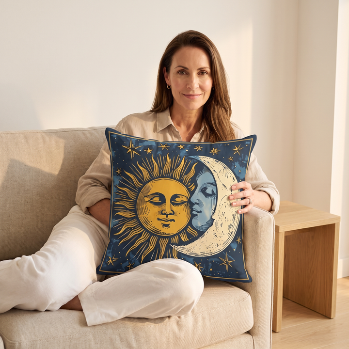 Celestial Sun &amp; Moon Pillow Cover in Navy Blue – held on lap by seated woman on a beige sofa