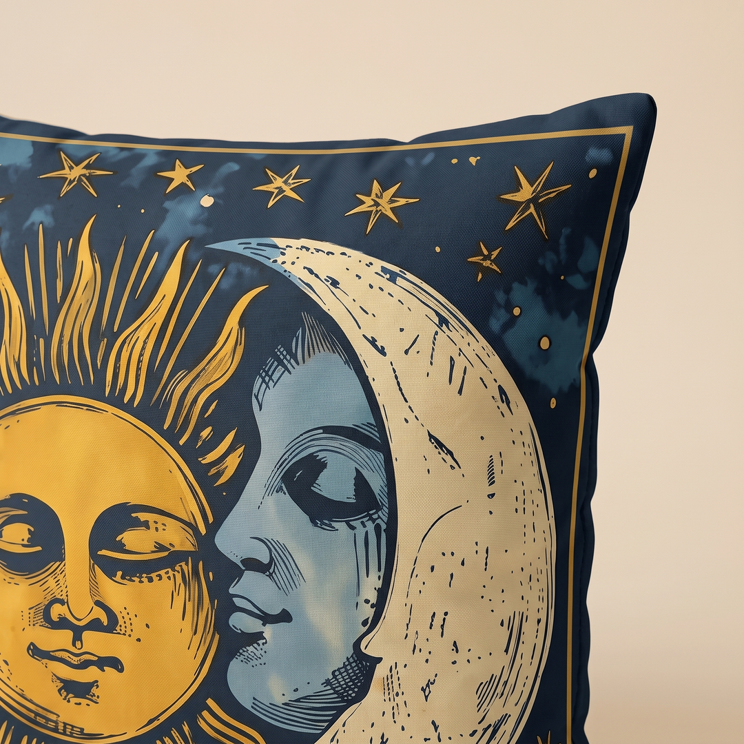 Celestial Sun &amp; Moon Pillow Cover in Navy Blue – close-up of the sun and moon faces on one corner