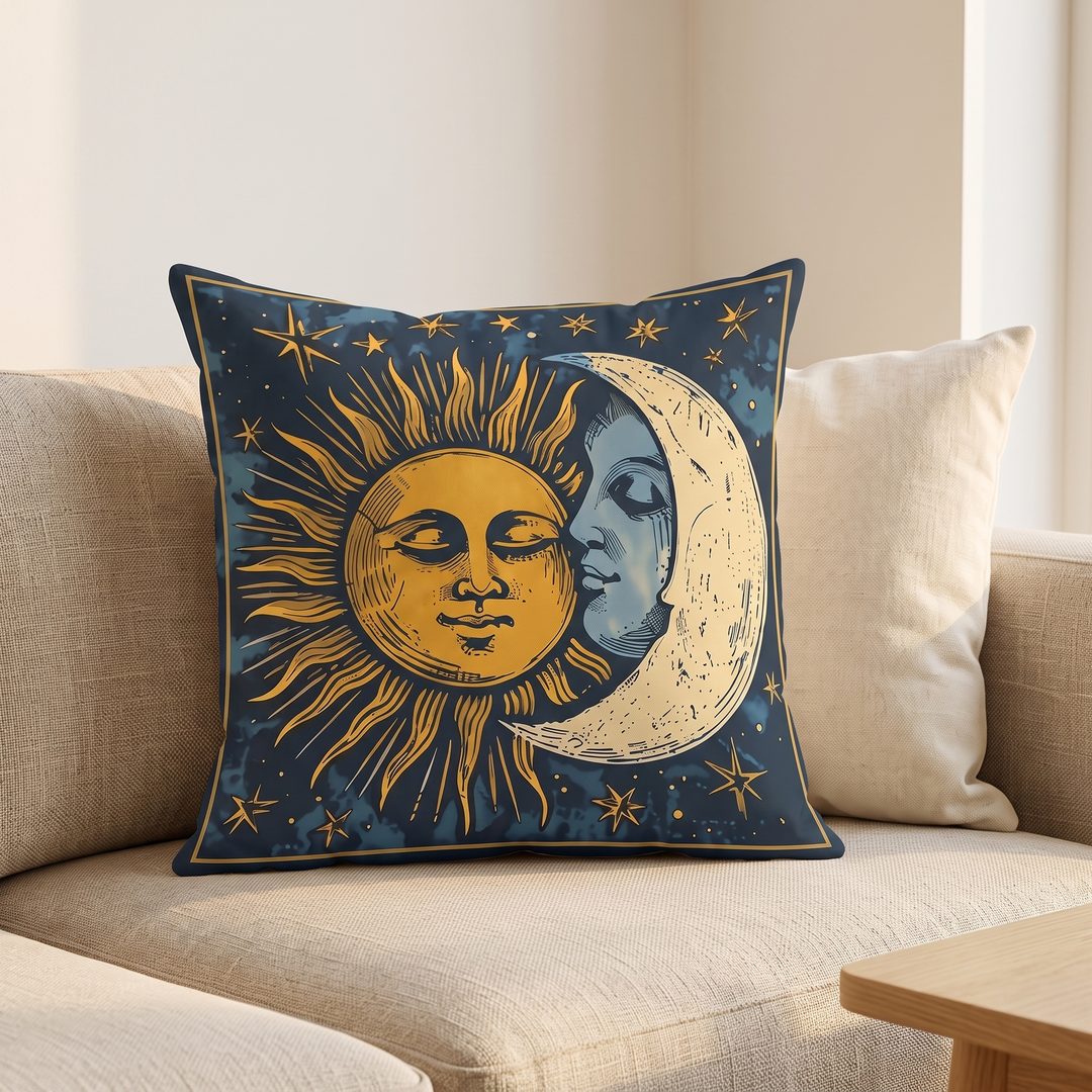 Celestial Sun &amp; Moon Pillow Cover in Navy Blue – propped on a beige sofa beside a cream pillow