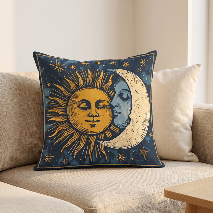Celestial Sun &amp; Moon Pillow Cover in Navy Blue – propped on a beige sofa beside a cream pillow