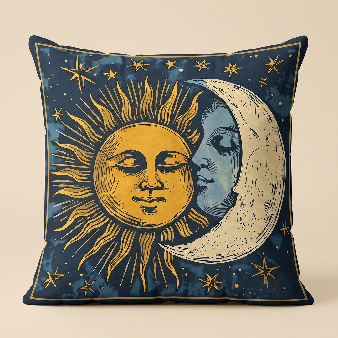 Celestial Sun &amp; Moon Pillow Cover in Navy Blue – front view of the square pillow against a plain beige background