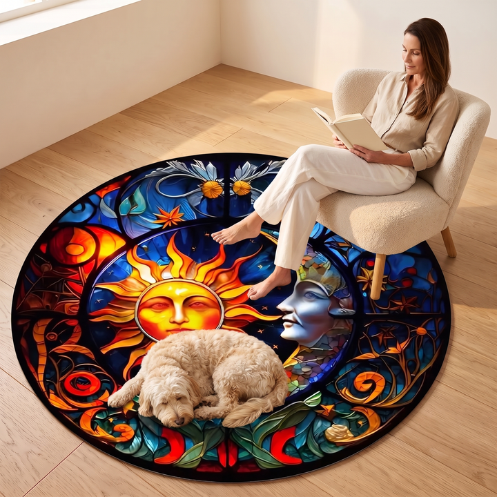 Celestial Round Rug – Sun and Moon in Orange &amp; Blue – Stained Glass Sun &amp; Moon – with a woman reading in an armchair and a dog resting on it