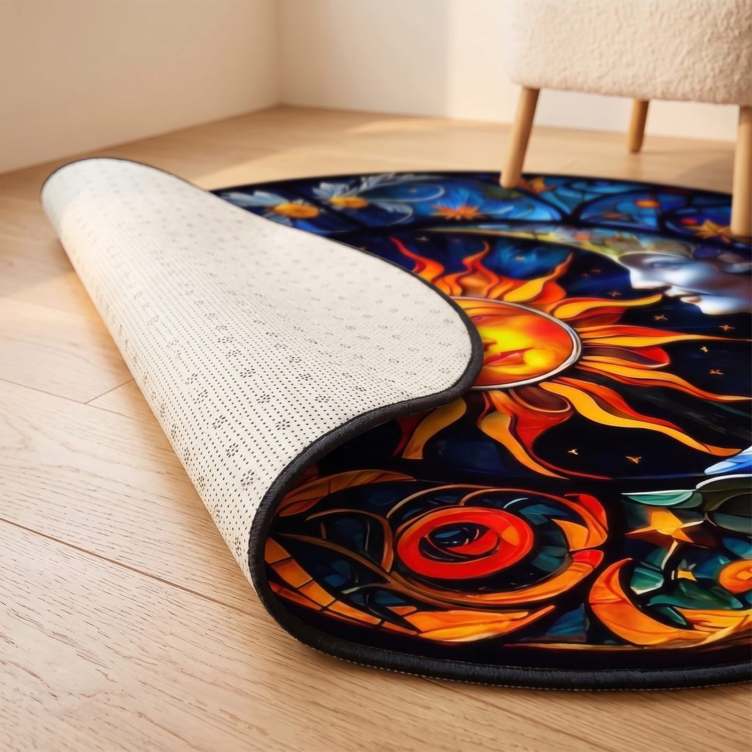 Celestial Round Rug – Sun and Moon in Orange &amp; Blue – Stained Glass Sun &amp; Moon – edge curled up showing the non-slip dotted backing