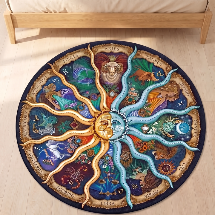 Celestial Round Rug – Sun and Moon in Gold &amp; Teal – Zodiac Sun &amp; Moon – overhead view beside a wooden bed frame